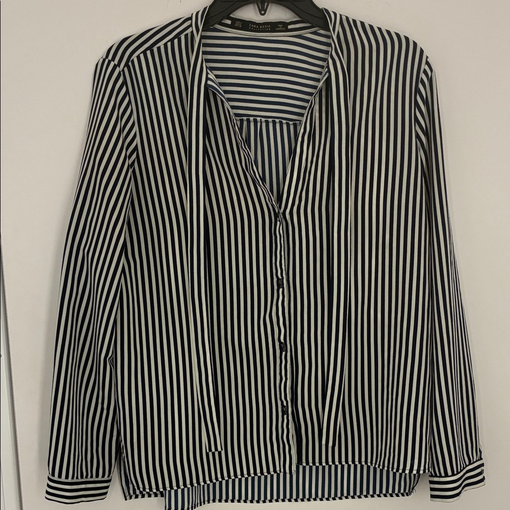 Zara Navy and White Striped Blouse